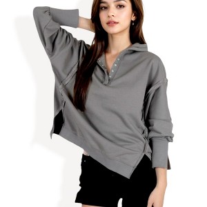 Anna-Kaci Women's Long Sleeve Pullover Hoodie with Button Neck and Raw Hem Detail - 1 of 4