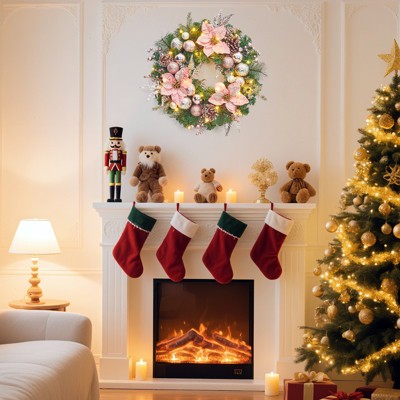 22" Christmas Wreath with Light and Rose Gold Balls Poinsettia Flowers for Indoor Outdoor Wall Window Fireplace