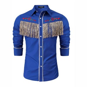 Clearlove Men’s Western Slim Fit Denim Shirt with Long Sleeves, Fringe Detailing, and Rose Embroidery - 1 of 4