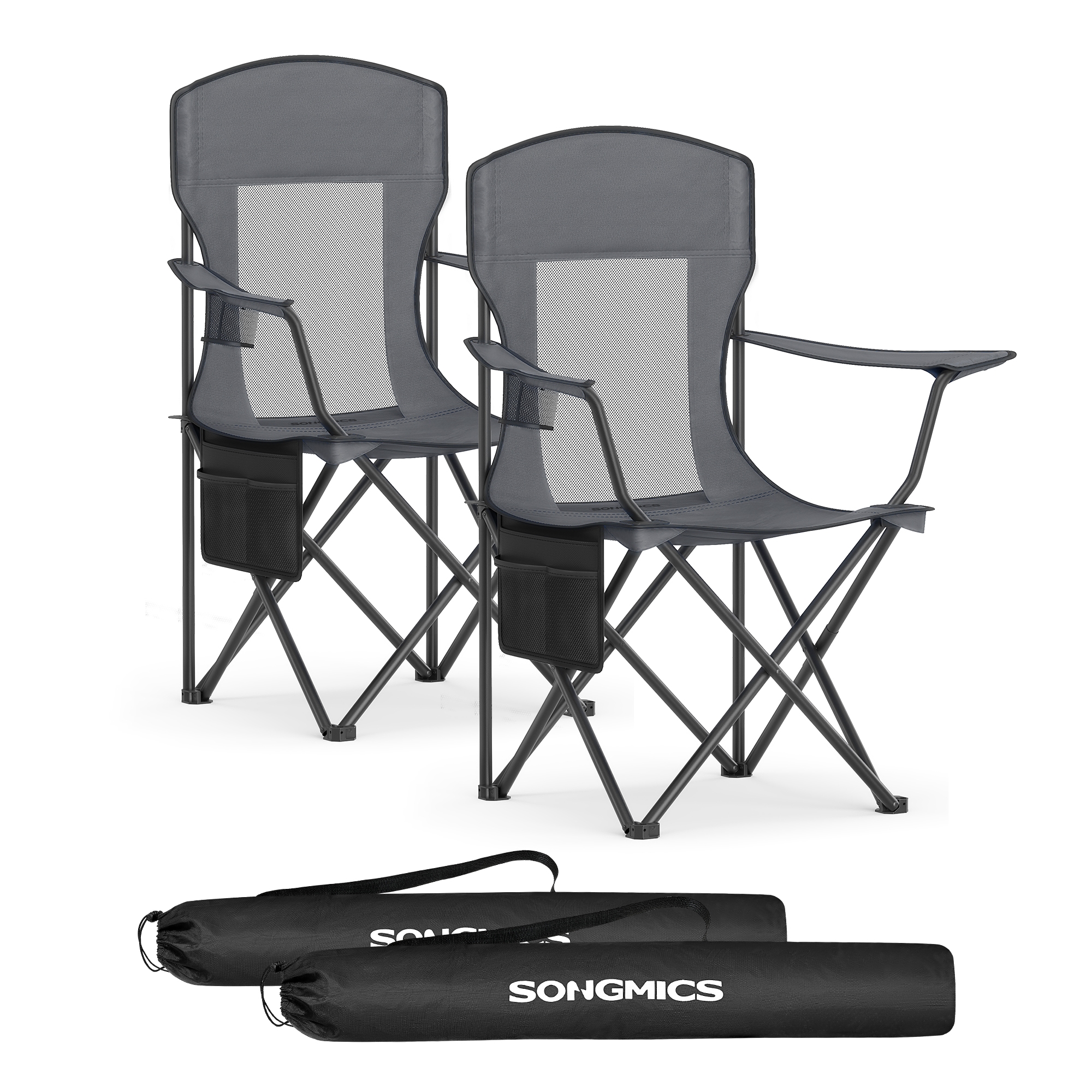 2-Pack Heavy-Duty Foldable Camping Chairs with High Back, Adjustable Armrests & Drink Holders, Portable Outdoor Sports Chairs, Slate Gray