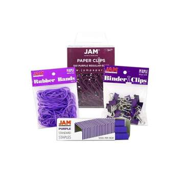 JAM Paper Desk Supply Assortment Purple 1 Rubber Bands 1 Small Binder Clips 1 Staples & 1 Small