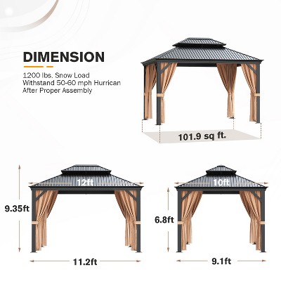 Black Aluminum and Steel Hardtop Gazebo with Curtains, 10' x 12'