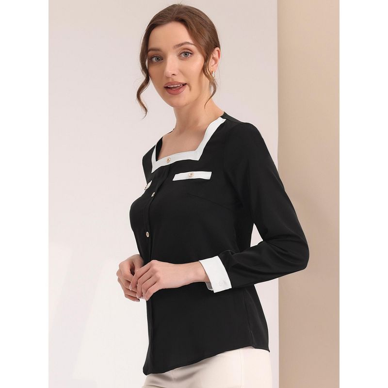 Allegra K Women's Contrast Long Sleeve Button Decor Front Square Neck Elegant Work Blouse, 3 of 6