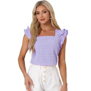INSPIRE CHIC Women's Summer Gingham Square Neck Ruffle Sleeve Blouse - 1 of 4