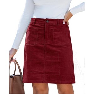 Women's Corduroy High Waist Short Skirt - Trendy Fall Skirt with Elastic Waist & Patch Pockets Wine Red - 1 of 4