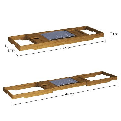 Natural Acacia Wood Extendable Bathtub Tray with Wine Holder