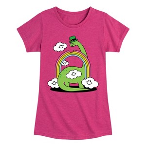 Girls' - Instant Message - St. Patrick's Day Dinosaur Eatting Rainbow Fitted Short Sleeve Graphic T-Shirt - 1 of 4