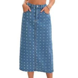 INSPIRE CHIC Women's Denim High Waisted Swiss Dots Back Slit Casual Column Midi Skirt - 1 of 4