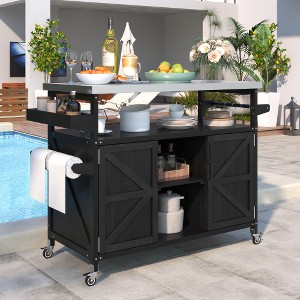 Ridstar 50.25 in. W Solid Wood Outdoor Kitchen Island with Stainless Steel Countertop, Spice Rack & Towel Rack-Black - 1 of 4