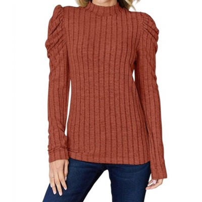 Women's Ribbed mock neck top with puff sleeves - Basic Bae