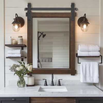 Barn Door Vanity Mirror with Solid Wood Frame for Farmhouse Bathroom and Living Room Decor