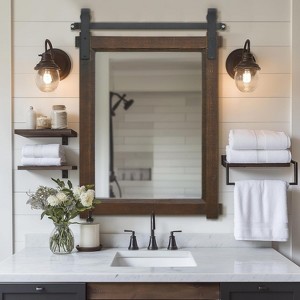 Barn Door Vanity Mirror with Solid Wood Frame for Farmhouse Bathroom and Living Room Decor - 1 of 4
