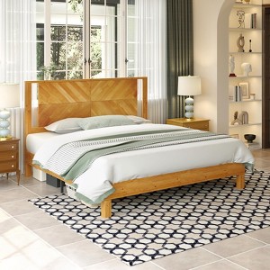 AMERLIFE Solid Wood Bed Frame, Herringbone Headboard, Rustic Platform, No Box Spring - 1 of 4