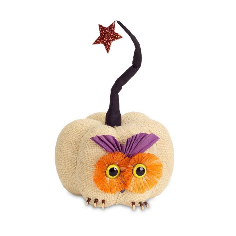 Melrose 10" Burlap Owl Pumpkin with Star Autumn Decoration - White/Orange, 1 of 2