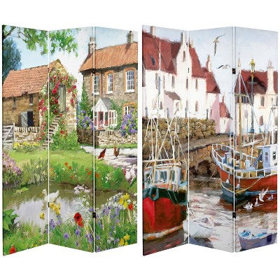 6" Double Sided Country Village Canvas Room Divider - Oriental Furniture