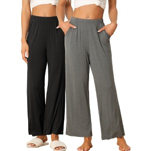 INSPIRE CHIC Women's Cotton Stretchy Elastic Waist Straight Wide-Leg Pajama Pants with Pockets - 1 of 4