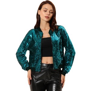 INSPIRE CHIC Women's Party Sequin Sparkle Long Sleeve Cropped Length Zipper Bomber Jacket - 1 of 4