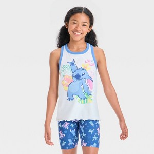 Girls' Disney Stitch "Cute But Wild" Graphic Raglan Tank Top - White - 1 of 4