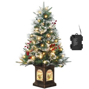 3 ft Pre-Lit Artificial Mini Christmas Tree with 78 Led Lights & Vintage Bells Base Festive Tabletop Decor with Berries - 1 of 4