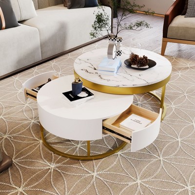 Okak Modern 31.5" Round Coffee Table Lift-top Nesting Coffee Tables with 2 Drawers and Storage for Living Room/Office, Space-Saving