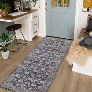 Vintage Distressed Floral Print Indoor Machine Washable Area Rug - 1 of 4