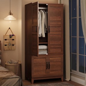 72" Wood Wardrobe Closet - 4-Door Armoire with Hanging Rod & Shelves for Bedroom Storage - 1 of 4