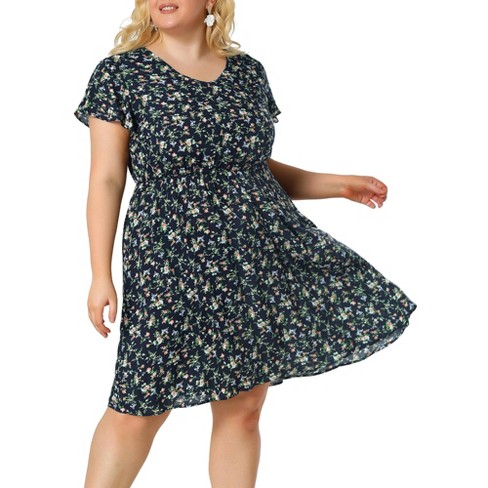 Agnes Orinda Women's Plus Size V Neck Elastic Waist Ditsy Floral Midi  Dresses Navy Blue 4X