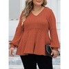 Plus Size Women's V Neck Ribbed T-Shirt Fluffy Fleece Puff Sleeve Casual Loose Fit Blouse Tunic Top - 2 of 4