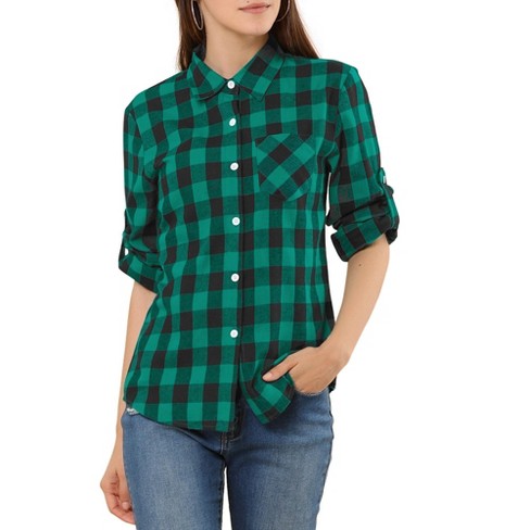 Allegra K Woman Roll Up Sleeves Buttoned Boyfriend Plaids Shirt Green ...