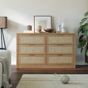 GustoWave 6 Drawer Dresser for Bedroom, 52.7" Wide Rattan Dresser, Wooden with Gold Handles, Farmhouse Tv Stand Entryway Table, Chest of Drawers - 1 of 4