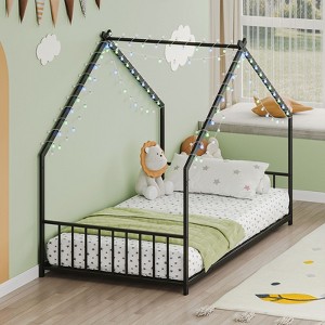 Kumasinova Twin/Full Size Bed Frame,Roof-shaped Iron Frame Bed with LED Light Strips,Platform Bed for Adults,Kids,Teens,No Box Spring Needed - 1 of 4