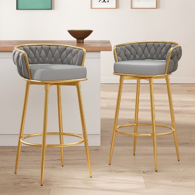 32"H Swivel Counter Bar Stools Set of 2 with Hand-Woven Backrest and Gold Metal Legs, Low Back Upholstered Kitchen Chairs with Footrest-Merax