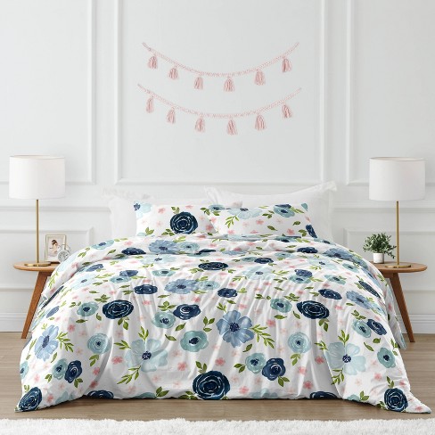 3pc Watercolor Floral Full/Queen Kids' Comforter Bedding Set Pink and Blue  - Sweet Jojo Designs