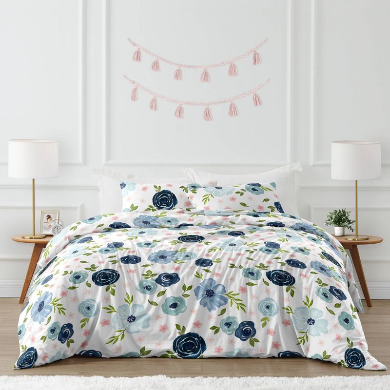 3pc Watercolor Floral Full/Queen Kids&#39; Comforter Bedding Set Pink and Blue - Sweet Jojo Designs, 1 of 8