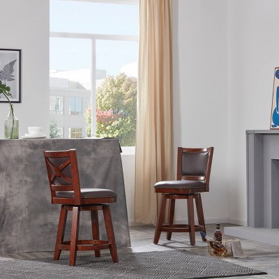 Cappuccino Wood and Metal Swivel Bar Stool with Leather Seat