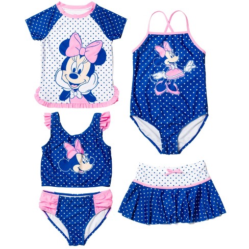 Disney Minnie Mouse Toddler Girls One Piece Bathing Suit Bikini Top Rash  Guard Modest Swimsuit Skirt and Bottom 5 Set Blue 5T