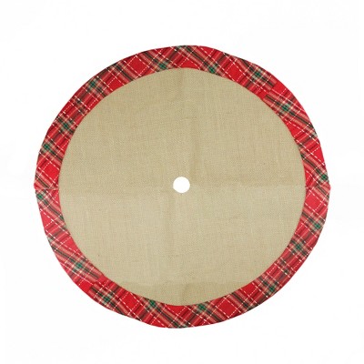 Rustic Burlap Mini Christmas Tree Skirt with Red Plaid Border