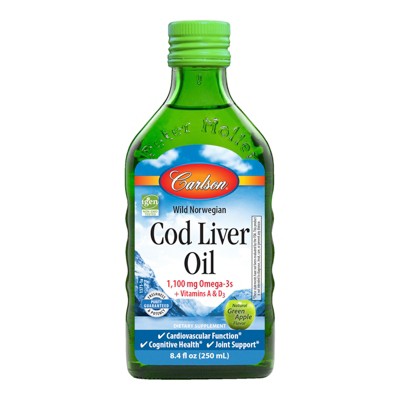 Carlson - Kid's Cod Liver Oil, 550 mg Omega-3s + A & D3, Norwegian, Wild Caught, Sustainably Sourced, Green Apple, 250 mL (8.4 Fl Oz)