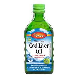 Carlson - Kid's Cod Liver Oil, 550 mg Omega-3s + A & D3, Norwegian, Wild Caught, Sustainably Sourced, Green Apple, 250 mL (8.4 Fl Oz) - 1 of 2