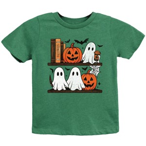 Halloween Bookshelf Ghosts - Youth Short Sleeve Graphic T-Shirt and Toddler Short Sleeve Graphic T-Shirt - 1 of 4