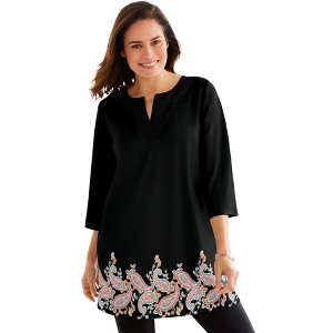 Woman Within Contrast Notch-Neck Three-Quarter Sleeve Knit Tunic - 1 of 4