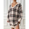 Womens Loose Fit Plaid Sweater Dress V Neck Frayed Cuff Sweater Dress One Size Fits Most Trendy Oversized Pullovers Plaid Jumpers Mini Dress - 4 of 4