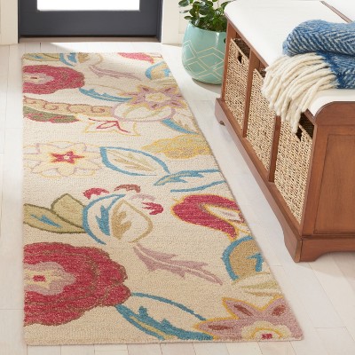 Handmade Beige and Multicolor Wool Floral Runner Rug