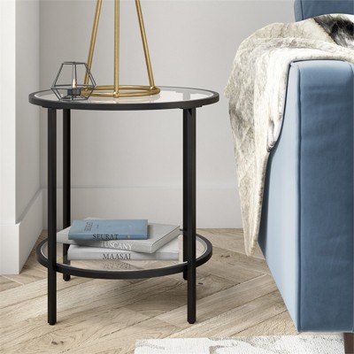Blackened Bronze Round Side Table with Glass Shelf
