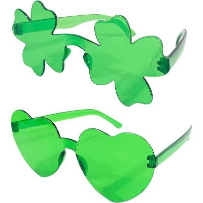4E's Novelty Set of 2 Green Sunglasses for Adults, Shamrock & Heart Shaped, St Patricks Day Glasses for Women & Men Party Outfit Accessories