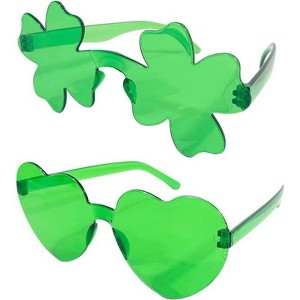 4E's Novelty Set of 2 Green Sunglasses for Adults, Shamrock & Heart Shaped, St Patricks Day Glasses for Women & Men Party Outfit Accessories - 1 of 4