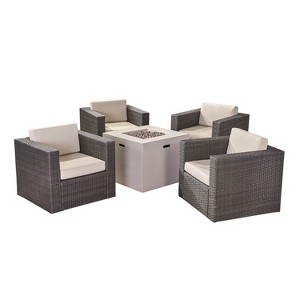 Christopher Knight Home Puerta Outdoor Wicker 5 Piece Swivel Club Chair and Fire Pit Set with Cushions - 1 of 4