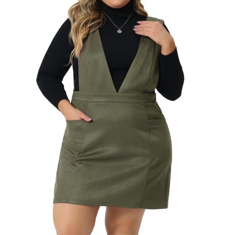 Agnes Orinda Women's Plus Size V Neck Sleeveless Faux Suede Pockets Pinafore Overall Mini Skirts, 2 of 6