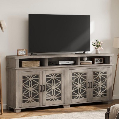 Farmhouse TV Stand for Up to 81 Inch TVs, Modern Entertainment Center with LED Lights, Storage Shelves & Glass Doors, Wood Media Console Cabinet