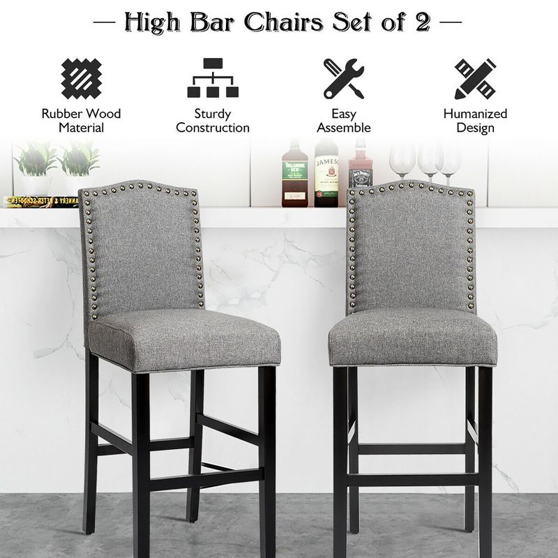 Costway Set of 2 Bar Stools 30'' Upholstered Kitchen Rubber Wood Full Back Chairs Gray, 5 of 11